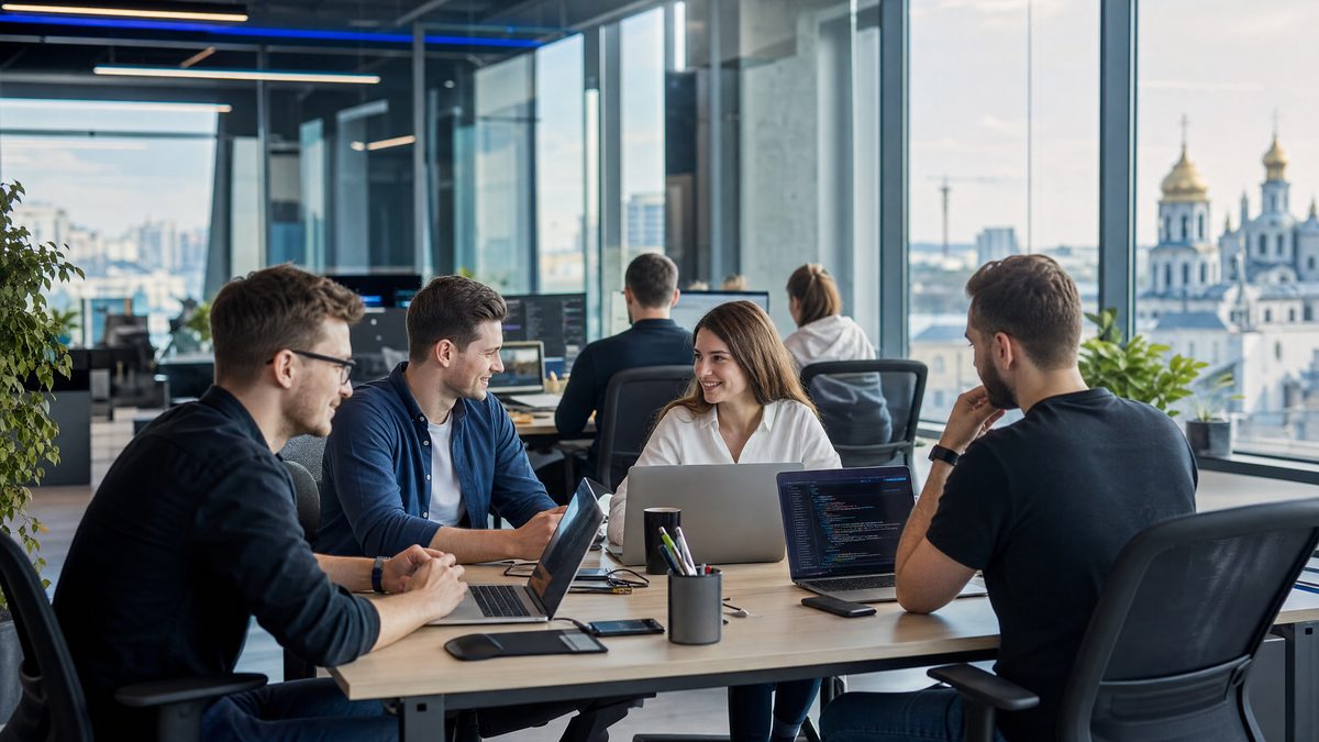 Recruiter reviewing resumes with a team in Ukraine